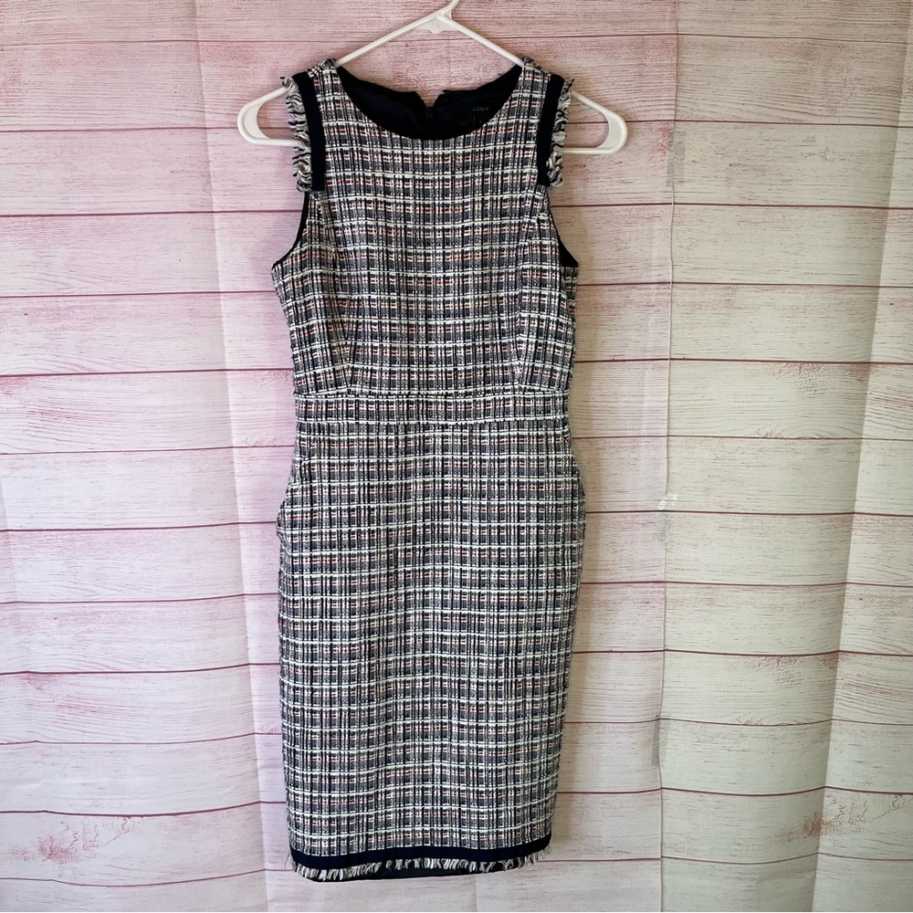 J. Crew Black Label‎ Tweed Red White Blue Fringe Dress Size 0